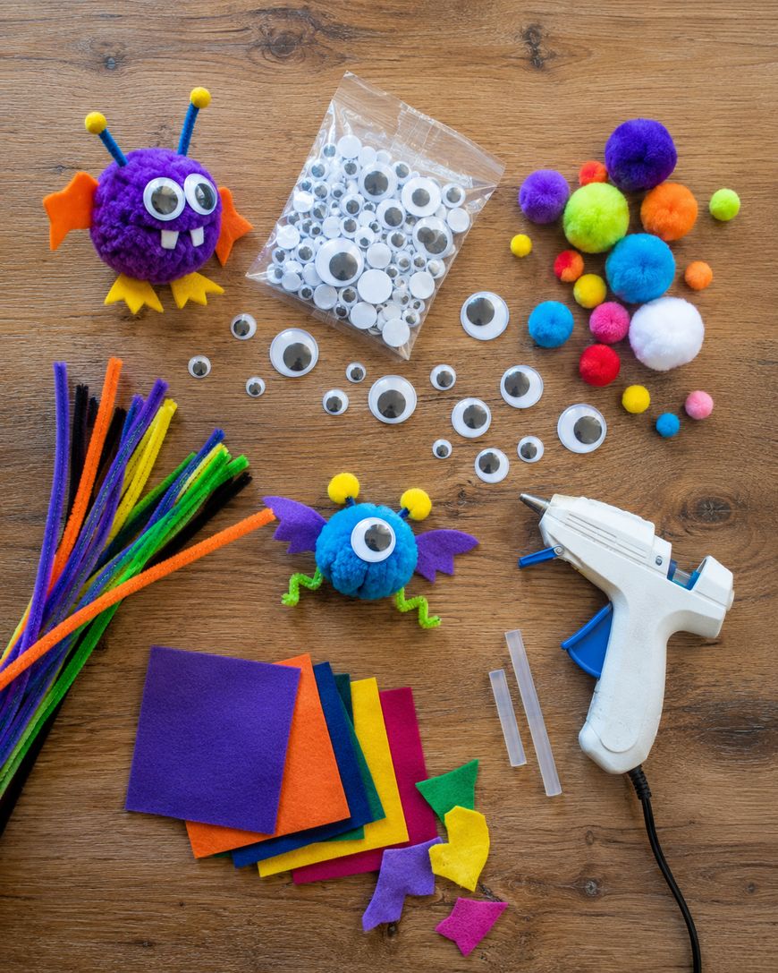Assorted craft supplies, including googly eyes, pom-poms, pipe cleaners, felt squares, a glue gun, and two colorful monster crafts, are arranged on a wooden surface.