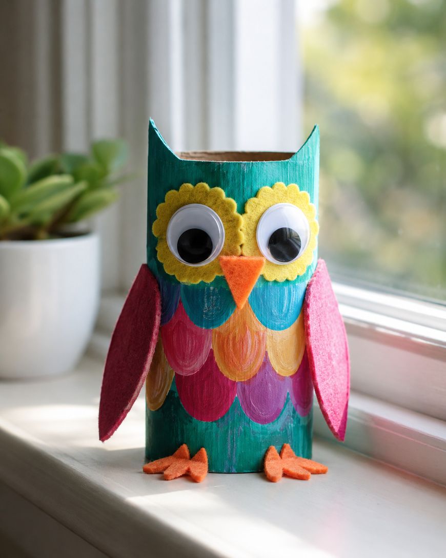 A colorful owl craft made from a painted toilet paper roll, felt wings and beak, googly eyes, and yellow felt eye circles, sitting on a windowsill next to a potted succulent.