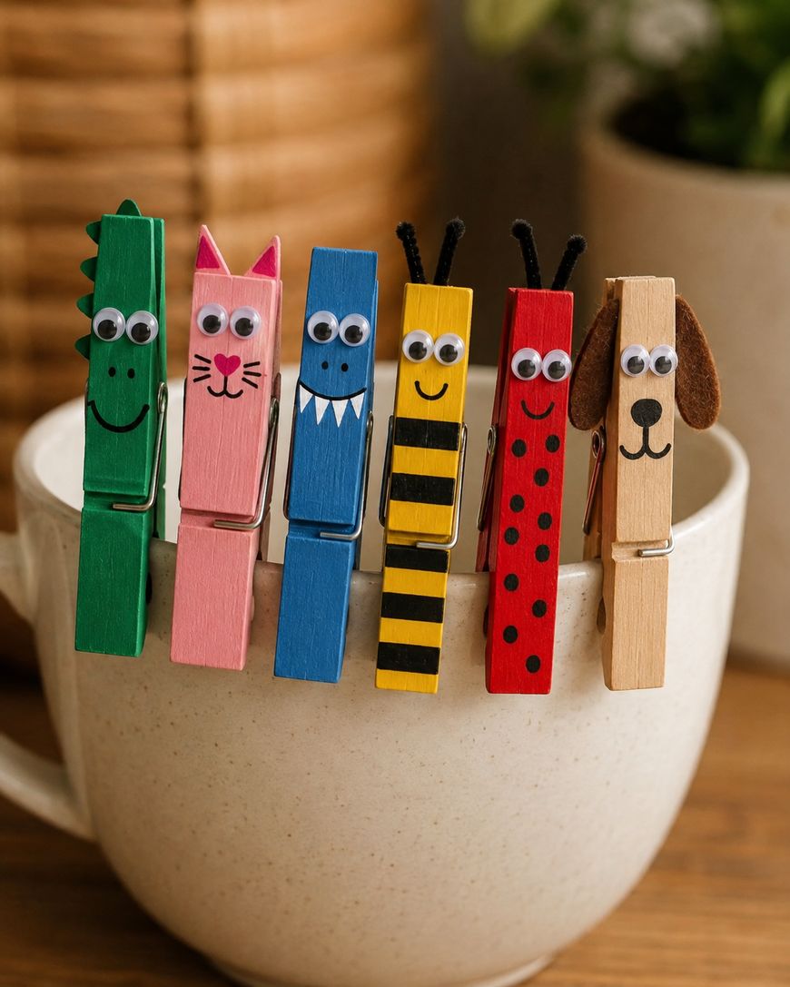 Six colorful clothespins painted as animals and insects, each with googly eyes, are clipped to the rim of a white cup. The designs include a crocodile, cat, monster, bee, ladybug, and dog.