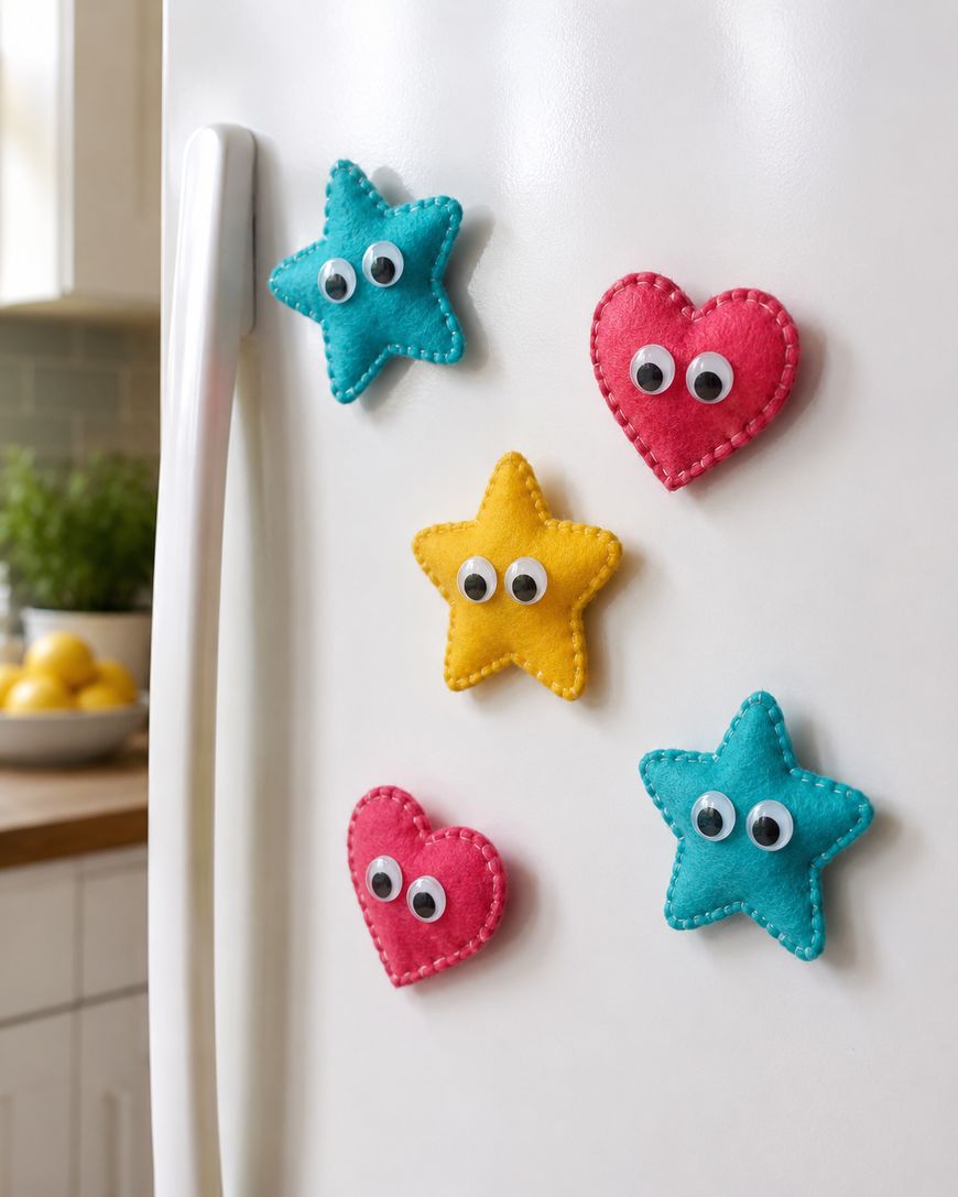 Five felt magnets shaped like stars and hearts with googly eyes are attached to a white refrigerator door in a kitchen setting.