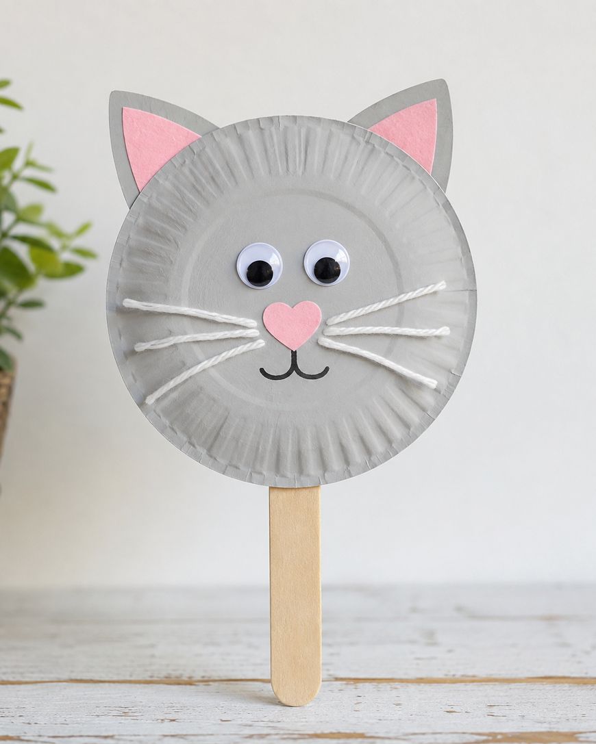 A cat face craft made from a gray paper plate, googly eyes, pink paper ears and nose, white string whiskers, and a wooden stick handle, sitting on a white surface.