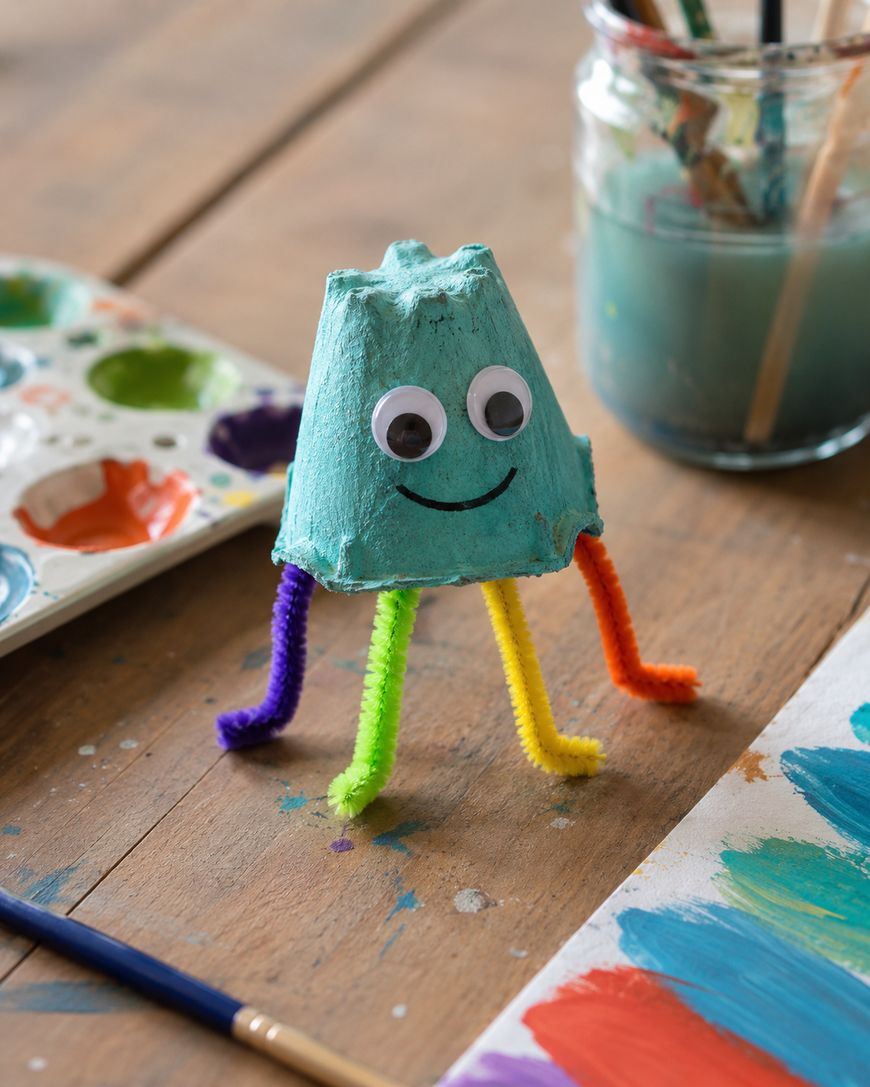 A colorful craft octopus made from an egg carton, googly eyes, a drawn-on smile, and rainbow pipe cleaner legs sits on a wooden table with paint supplies nearby.