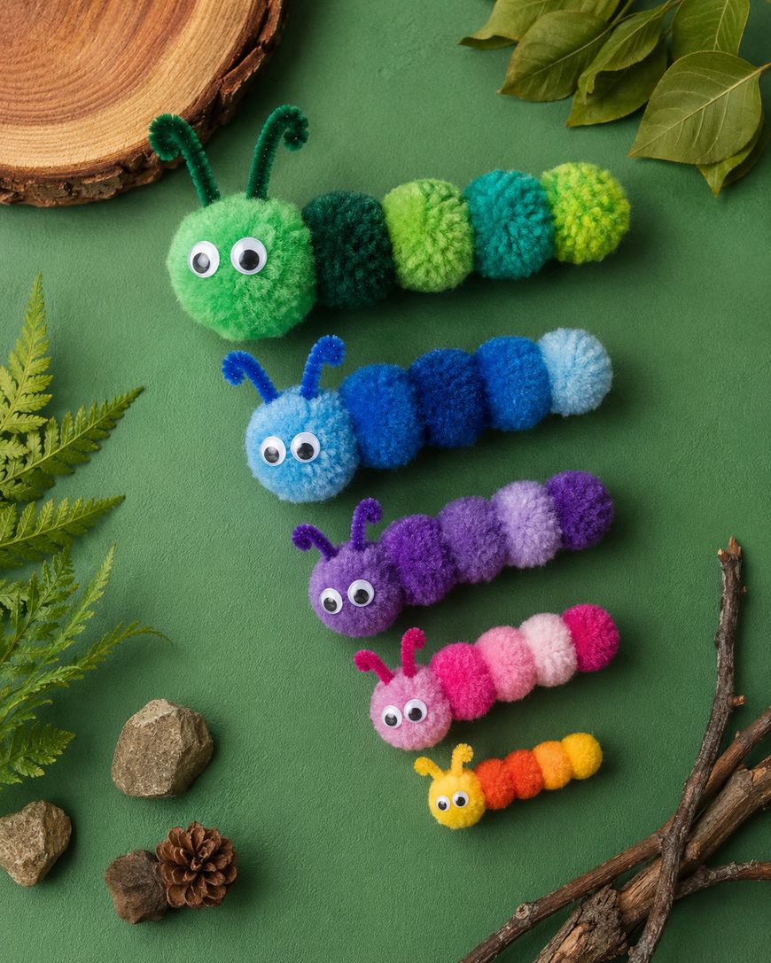 Five colorful, fuzzy caterpillar crafts with googly eyes arranged on a green background, surrounded by leaves, rocks, twigs, and a wood slice.