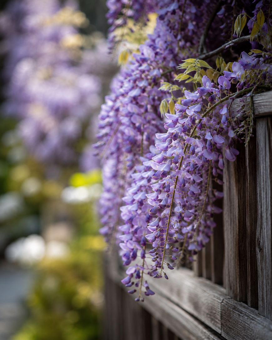 Purple wisteria flowers cascade over a wooden fence in sunlight