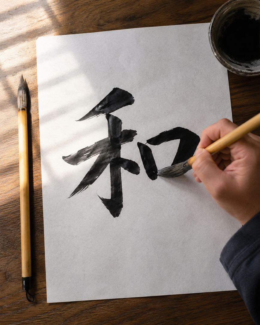 A hand uses a brush to write a black Japanese kanji character on white paper