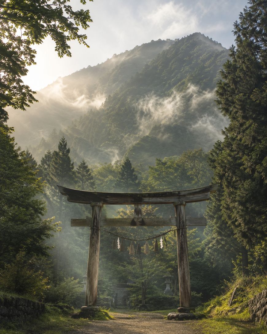 A wooden torii gate stands amid lush trees with mist and sunlight