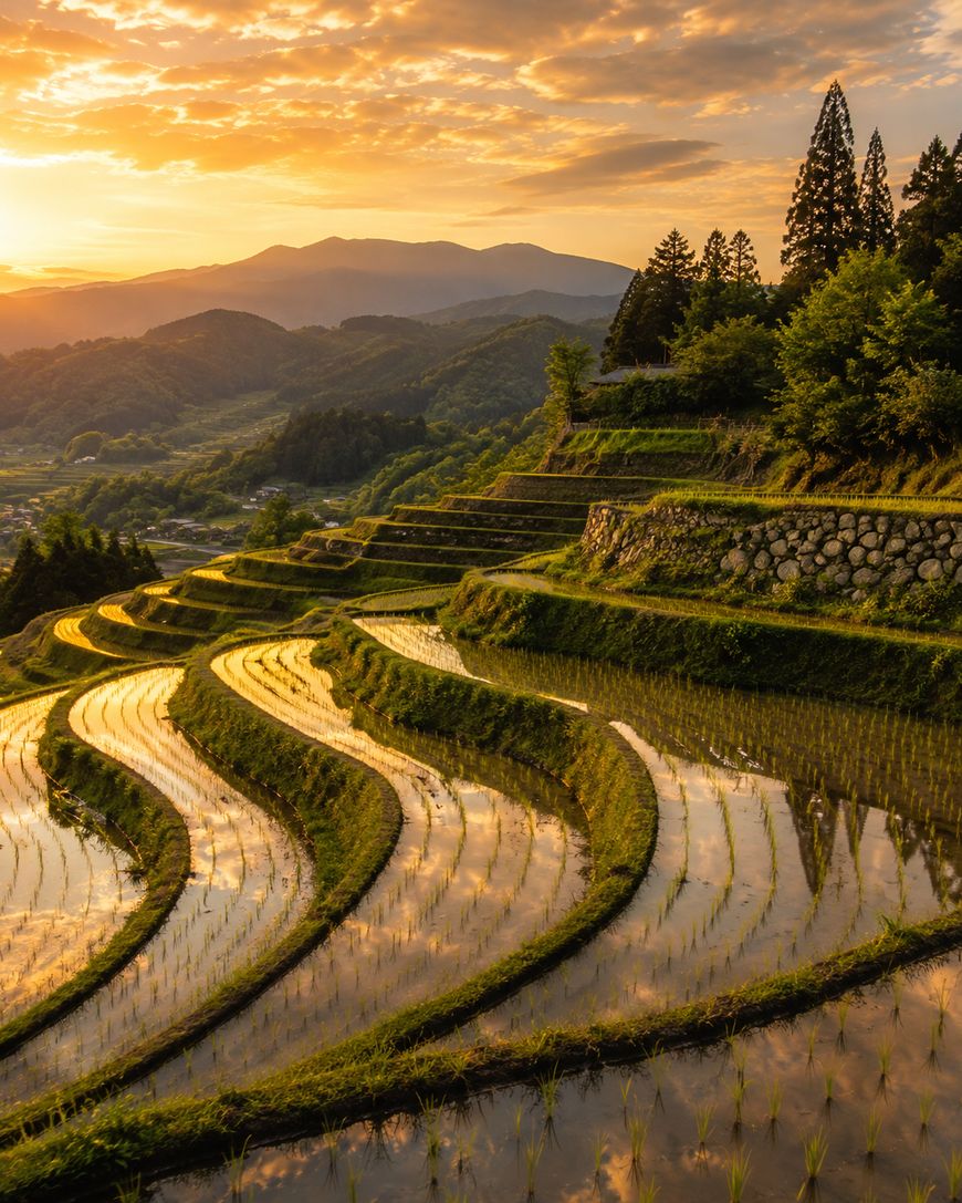 Golden sunlight illuminates terraced rice fields