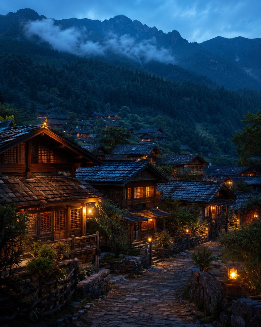 A cobblestone path winds through wooden houses with glowing lanterns in a mountain village at dusk