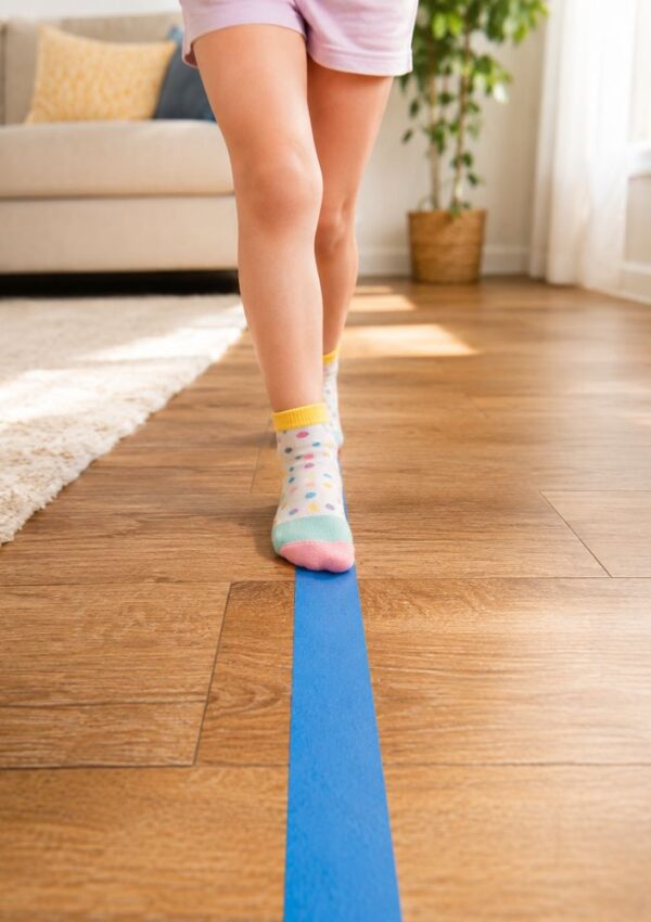 A child in colorful socks walks carefully along a blue tape line on a wooden floor in a bright living room.