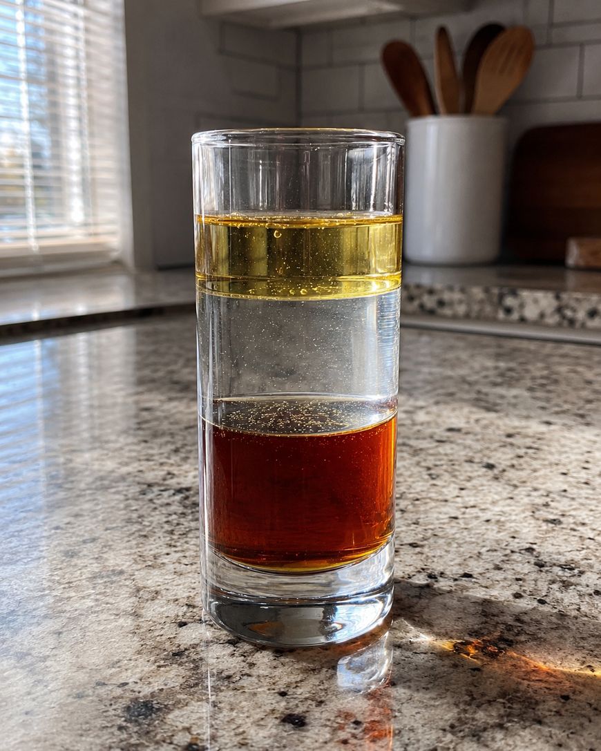 A clear glass on a kitchen counter contains two distinct layers of liquid, golden oil on top and a dark brown liquid below, demonstrating separation due to different densities.
