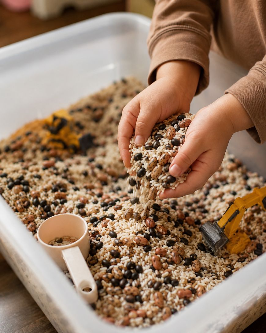 A childs hands pour a mix of rice and beans into a sensory bin with a toy scoop and a small yellow toy excavator visible in the container.