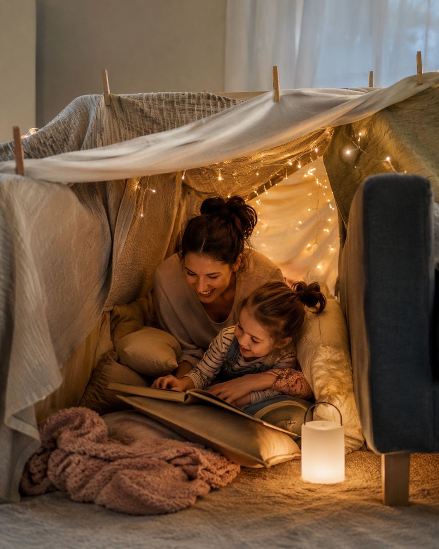 A woman and child read a book together inside a cozy blanket fort decorated with string lights. Pillows, a blanket, and a small lantern create a warm, inviting atmosphere on the floor.