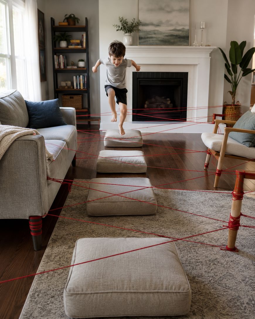 A child jumps between floor cushions in a living room obstacle course made of red string tied between furniture, with sunlight streaming through a window.