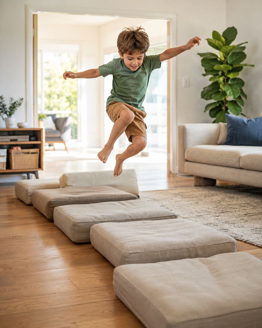 Young boy jumping over couch cushions arranged in a line on the floor in a bright living room, appearing to play and have fun.