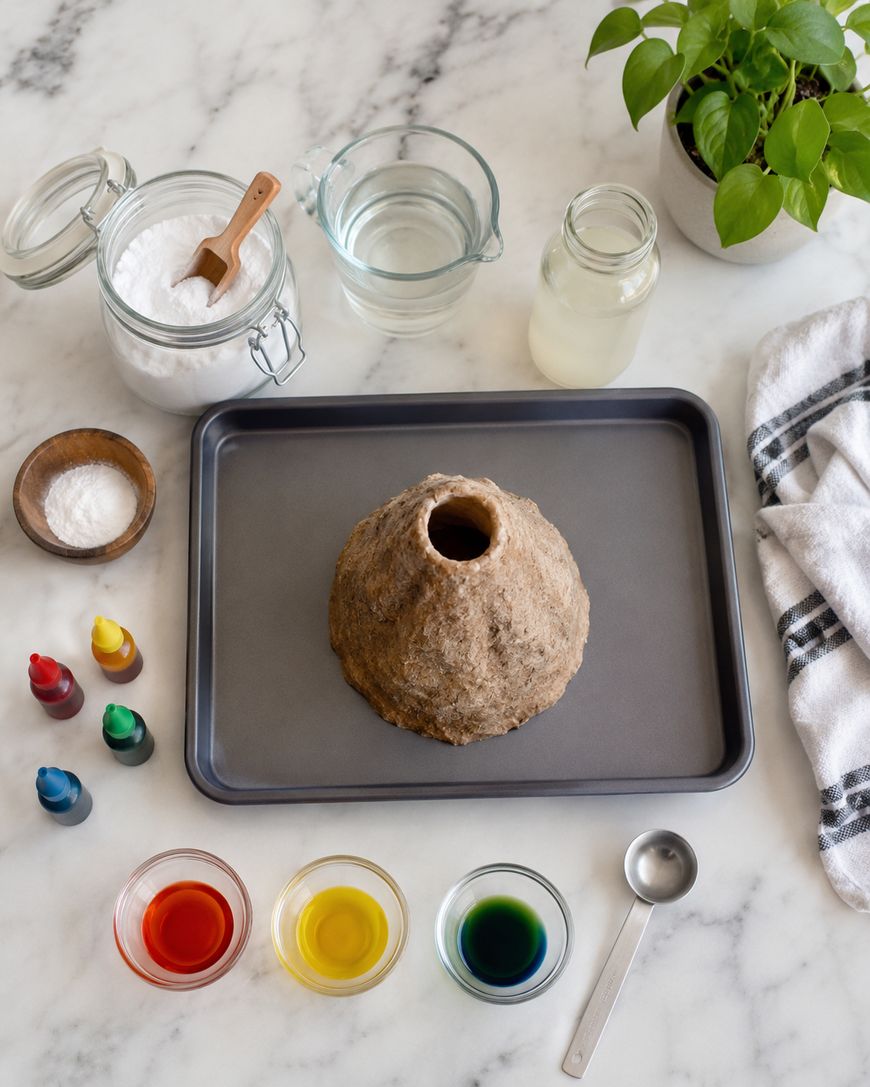 A homemade papier-mache volcano on a baking tray, surrounded by food coloring, small bowls, a measuring spoon, a jar, a pitcher with water, a jar with powder, a plant, and a striped towel on a marble surface.
