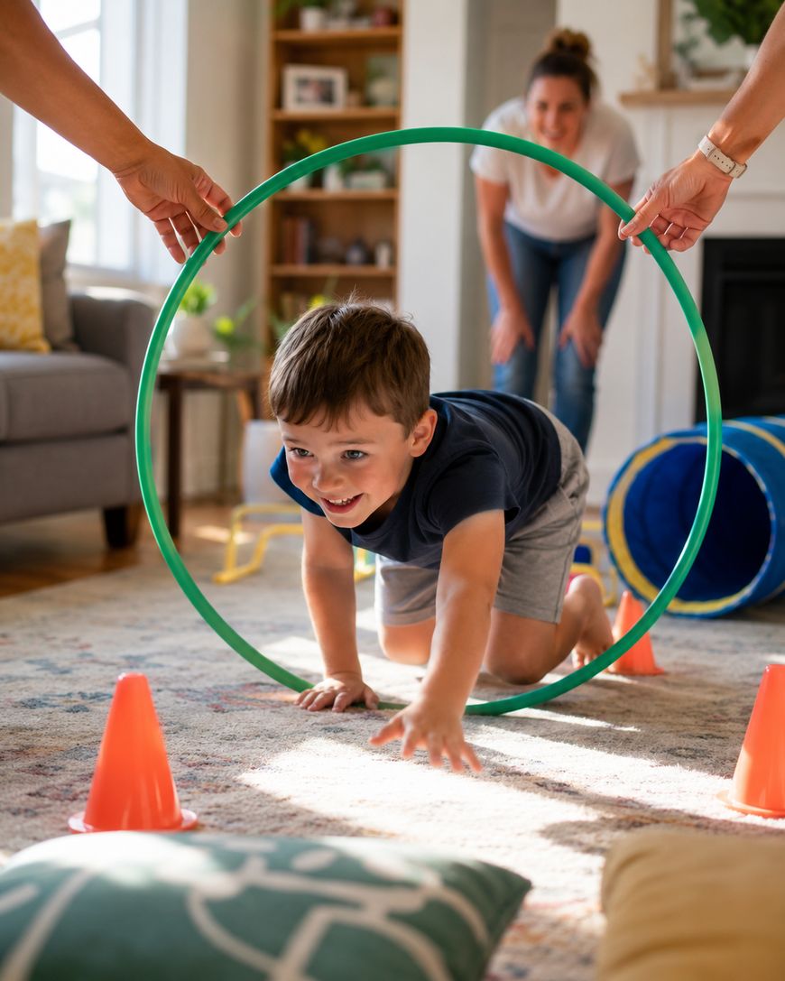 A young boy crawls through a green hoop held by two adults, smiling, as part of an indoor obstacle course with orange cones and pillows. An adult watches in the background.