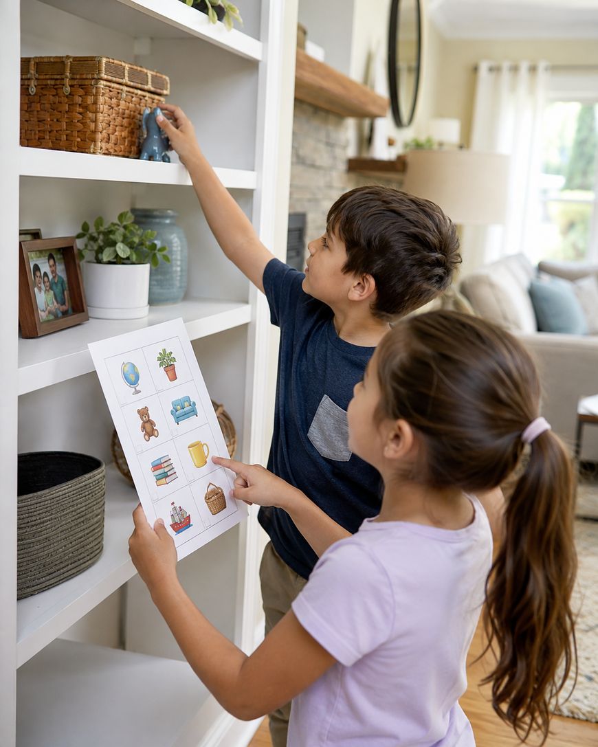 Two children play a scavenger hunt in a living room, with a boy reaching for a blue toy on a shelf and a girl holding a paper with colorful item illustrations.