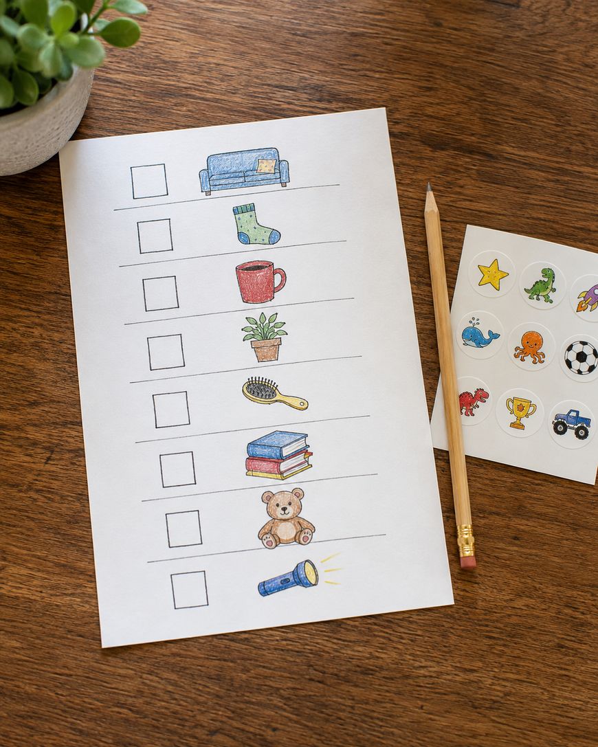 A checklist on a wooden table with drawings of a couch, sock, dinosaur, plant, hairbrush and books, teddy bear, and flashlight. A pencil and sheet of stickers are nearby.