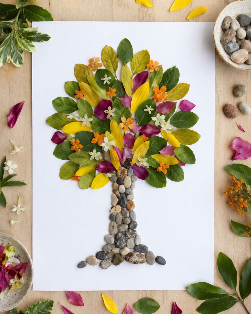 A tree made from pebbles, green leaves, and colorful flower petals is arranged on white paper, surrounded by bowls of rocks and flower petals on a wooden table.