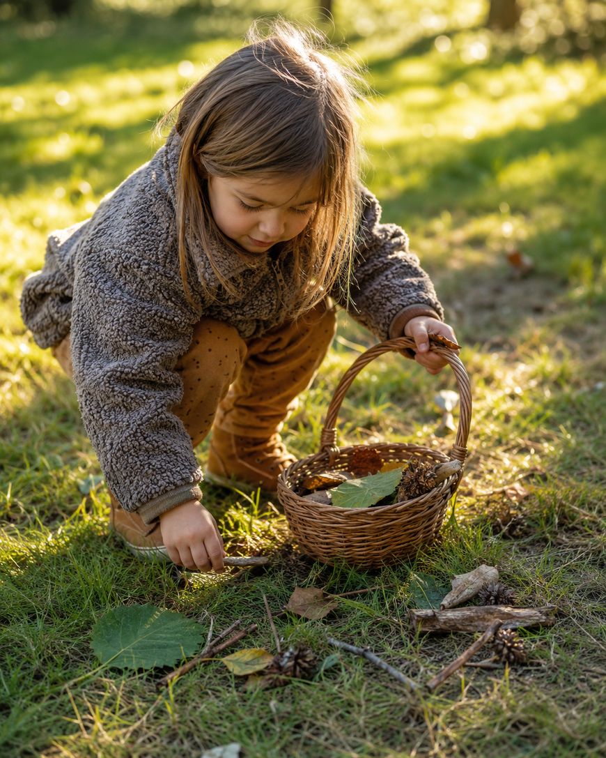 A young child in a brown sweater crouches on grass, picking up leaves and twigs, with a wicker basket beside them on a sunny day.