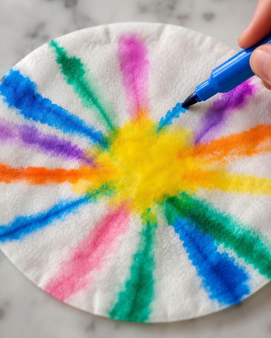 A hand colors a round coffee filter with a blue marker, creating bright radial streaks of blue, pink, orange, green, and yellow that blend together in the center.