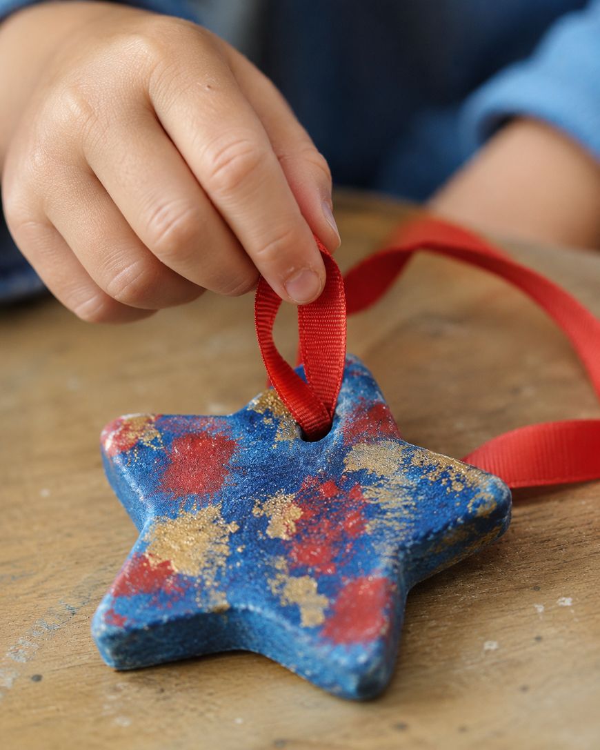A childs hand holds a red ribbon tied to a blue, red, and gold star-shaped ornament resting on a wooden surface.