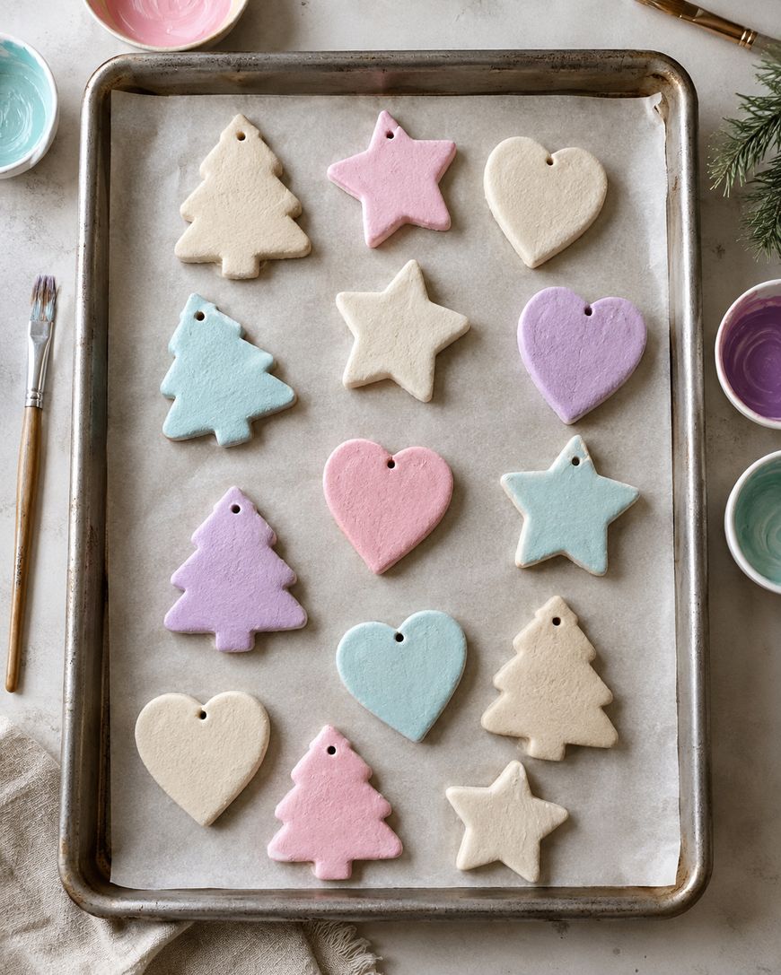 A baking tray with pastel Christmas tree, star, and heart-shaped cookies, each with a hole at the top, on parchment paper. Small bowls of colorful icing and a paintbrush are nearby.