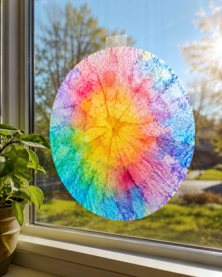 A colorful, circular coffee filter with a tie-dye pattern is taped to a sunny window. A potted plant sits on the windowsill, and trees and grass are visible outside.