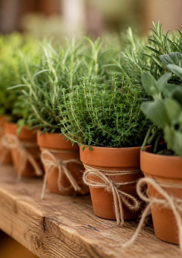 Small terracotta pots of fresh herbs, each tied with twine, are lined up on a rustic wooden shelf. The green leaves look healthy and vibrant.