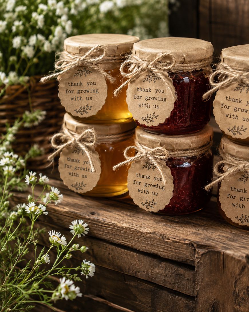 Four jars of honey and jam with rustic labels reading thank you for growing with us are stacked on a wooden surface, surrounded by white wildflowers and a wicker basket in a cozy, rustic setting.