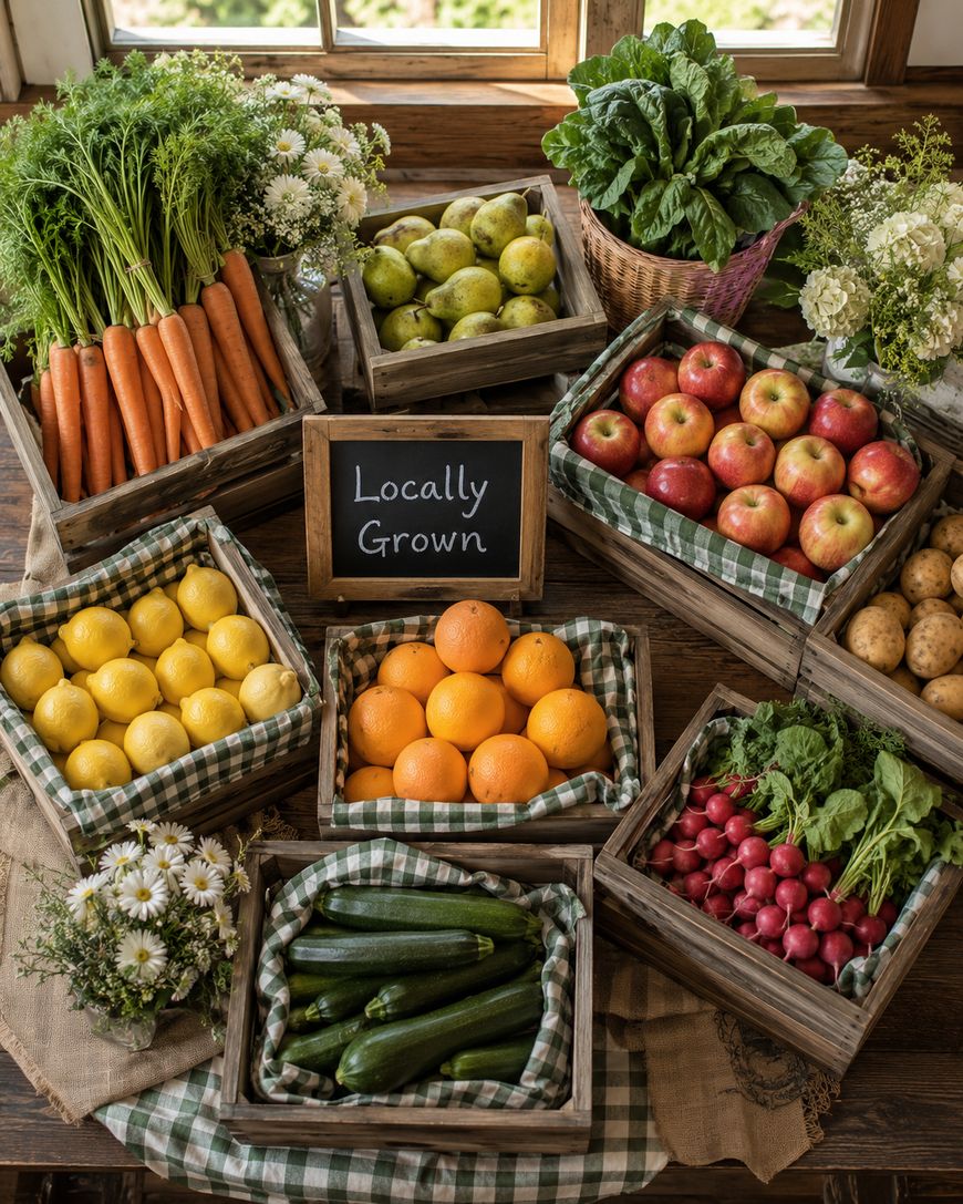 Wooden crates filled with assorted locally grown fruits and vegetables, including carrots, pears, apples, lemons, oranges, cucumbers, radishes, lettuce, and potatoes, displayed on a rustic table with flowers.
