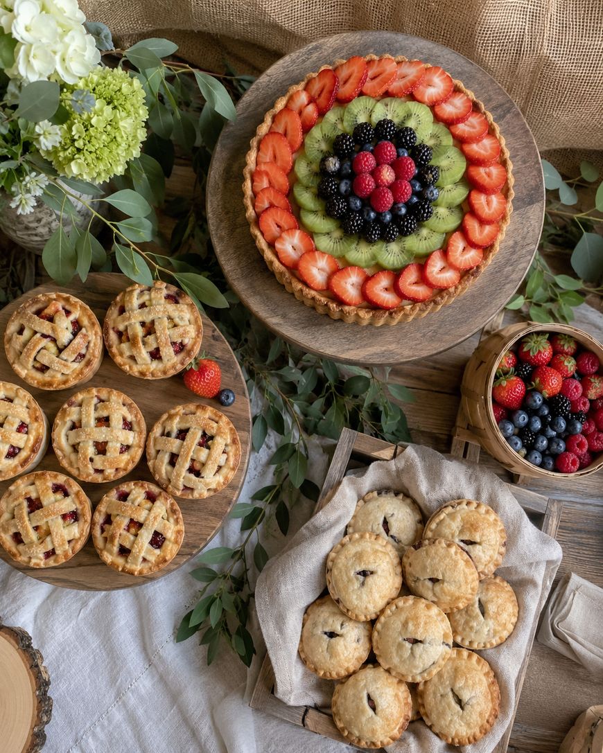 Assorted fruit pies on wooden stands, including a large tart topped with strawberries, kiwi, and berries, several mini lattice pies, hand pies, and a bowl of fresh mixed berries, all surrounded by greenery.