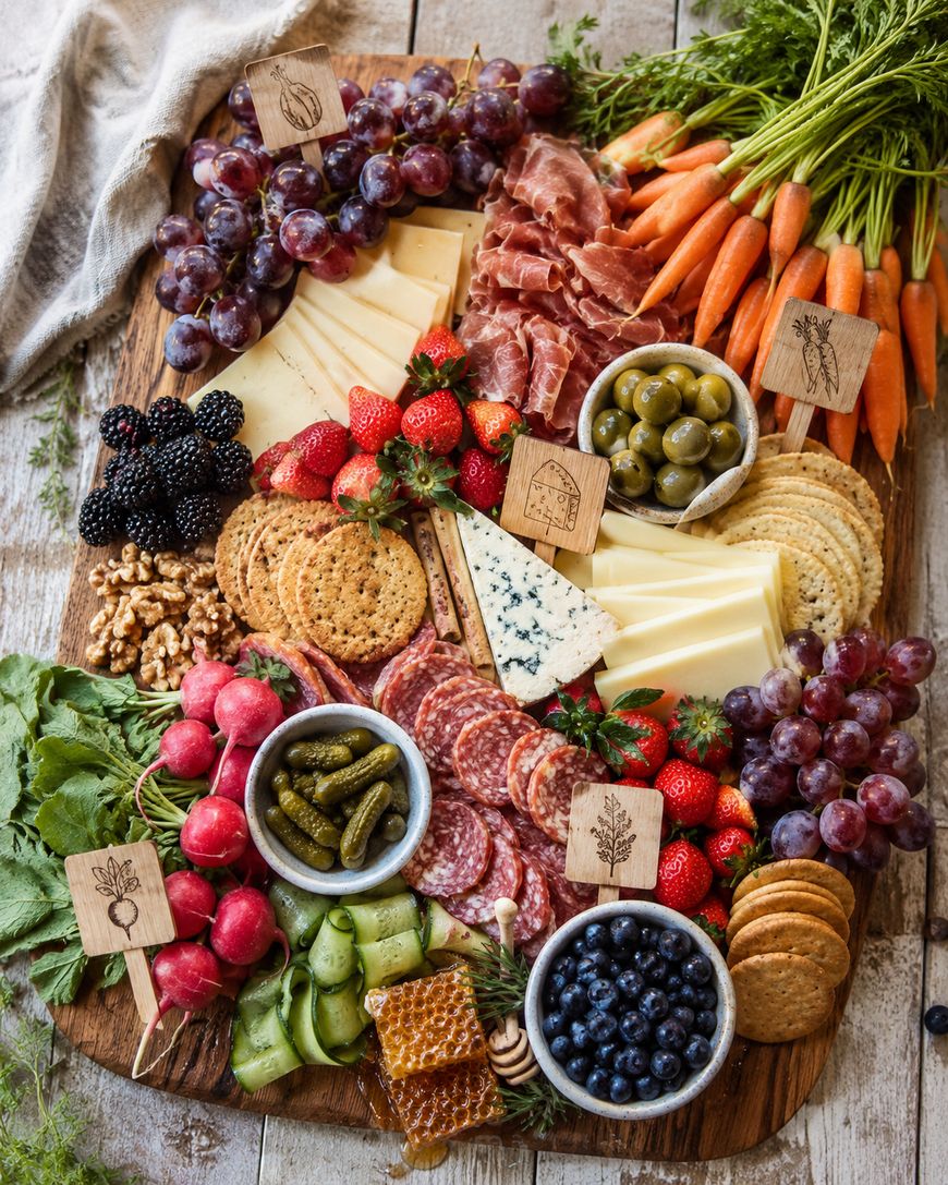 A wooden board with assorted cheeses, cured meats, grapes, strawberries, blackberries, blueberries, olives, crackers, walnuts, carrots, radishes, pickles, cucumbers, and honeycomb, arranged decoratively.