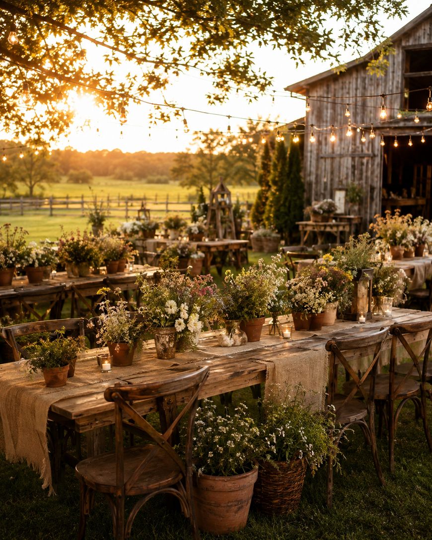 Rustic outdoor table setup with wildflowers in pots, wooden chairs, string lights, and a barn in the background at sunset. The scene feels warm, inviting, and natural, set in a countryside landscape.