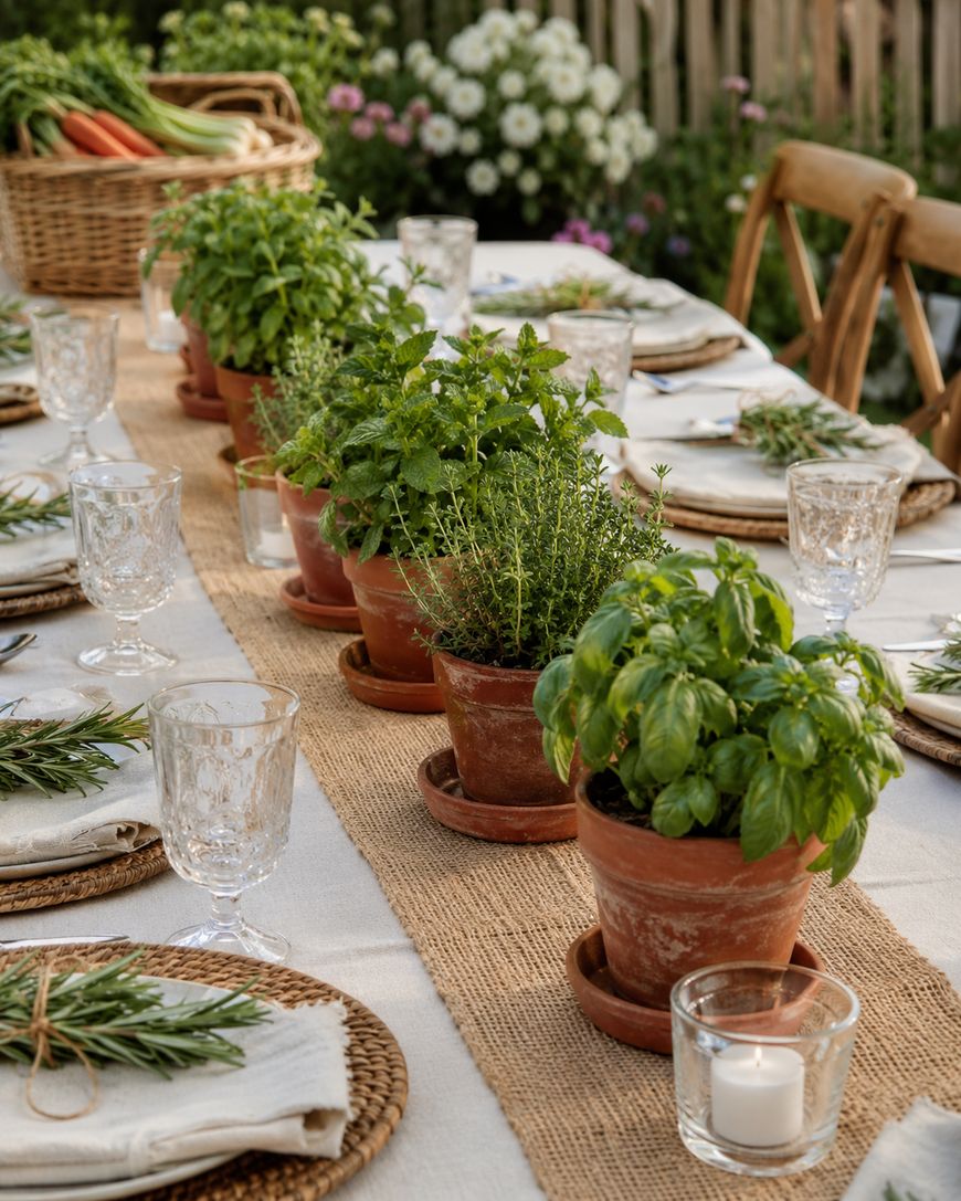 A rustic outdoor table is set with glassware, woven placemats, napkins tied with rosemary, and potted herbs as a centerpiece. A basket of vegetables sits nearby.