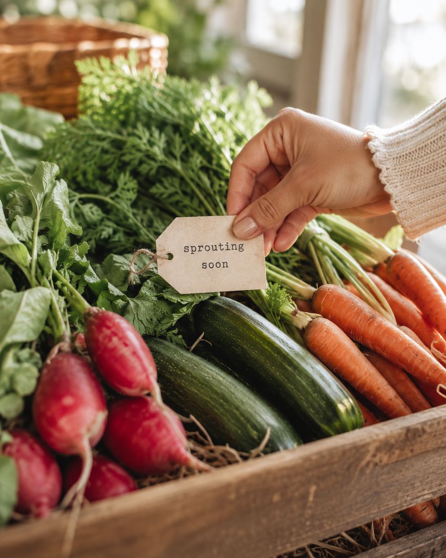 A hand holds a tag reading sprouting soon over a wooden crate filled with fresh radishes, zucchini, carrots, and green leafy vegetables.