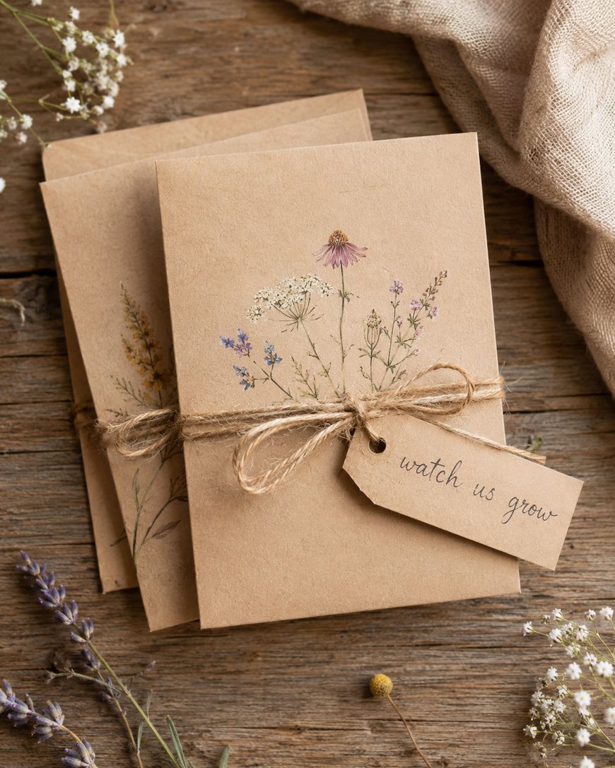 Two brown cards with pressed wildflowers on the front are tied together with twine. A tag attached to the twine reads watch us grow. The cards rest on a rustic wooden surface with scattered flowers.
