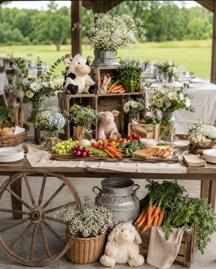 A rustic table with fresh vegetables, bread, fruit, flowers, and plush farm animal toys, set outdoors by a field. Wooden crates, baskets, and milk cans add to the charming, country-themed arrangement.