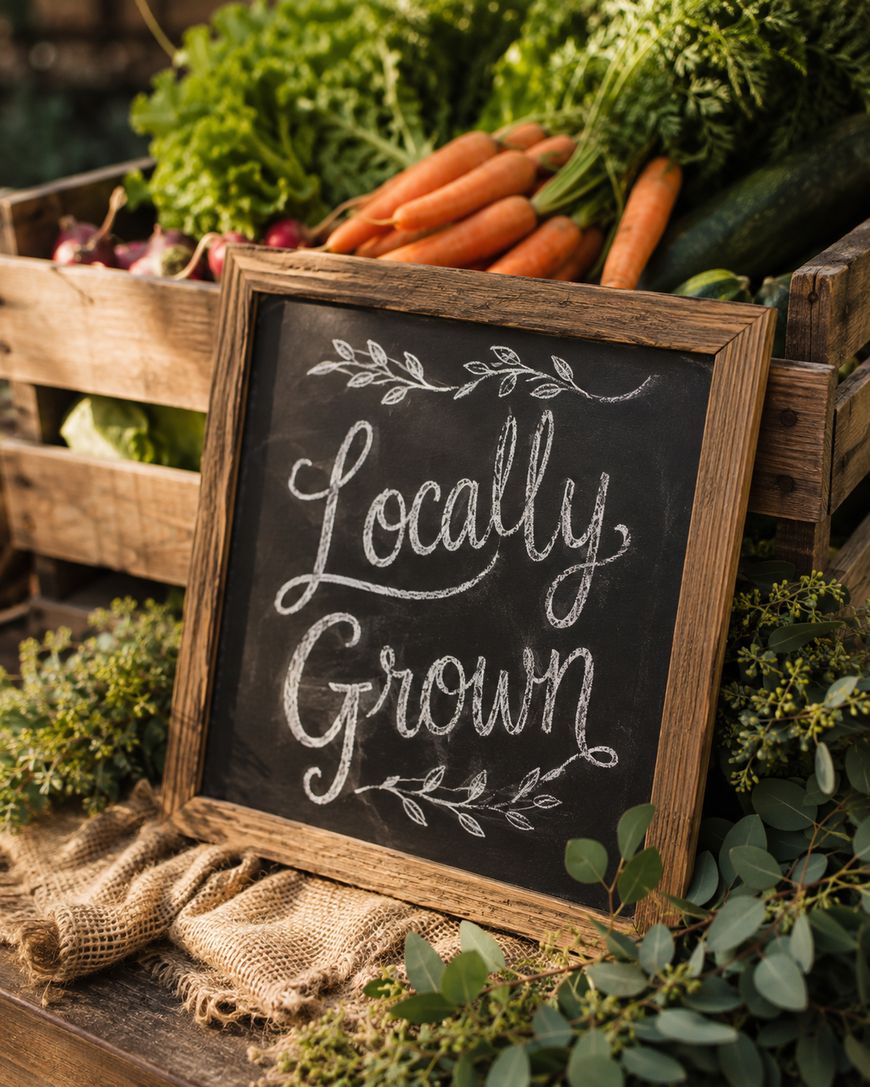 A chalkboard sign reading Locally Grown sits in front of crates filled with fresh vegetables like carrots, lettuce, and cucumbers, surrounded by greenery and burlap.