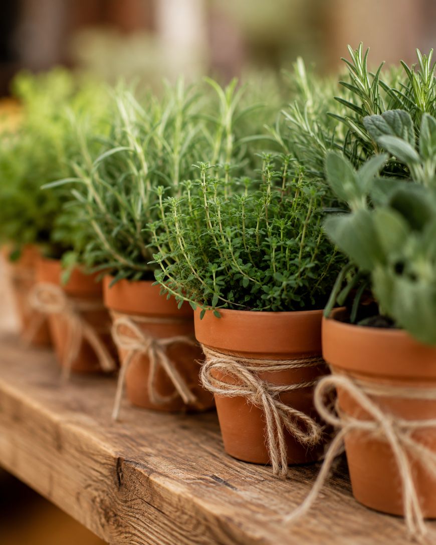 A row of potted herbs in terracotta pots, each tied with twine, sits on a rustic wooden table. The herbs appear fresh and green, illuminated by soft natural light.