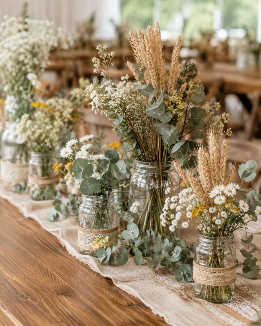 Mason jars filled with wildflowers, eucalyptus, and wheat decorate a rustic wooden table with a burlap runner. The background shows more tables and chairs in a softly lit setting.