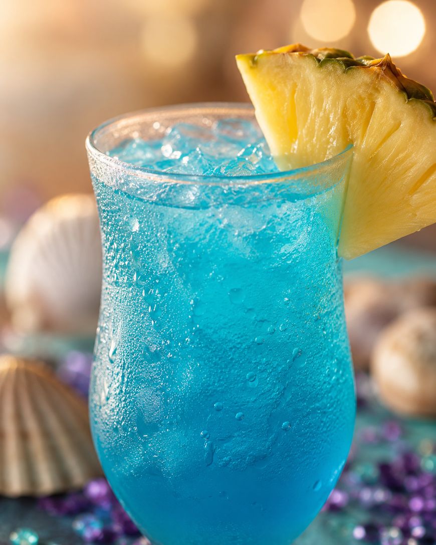 A vibrant blue cocktail with ice, garnished with a fresh pineapple slice, sits on a table decorated with seashells and shiny beads, evoking a tropical, beachy vibe.