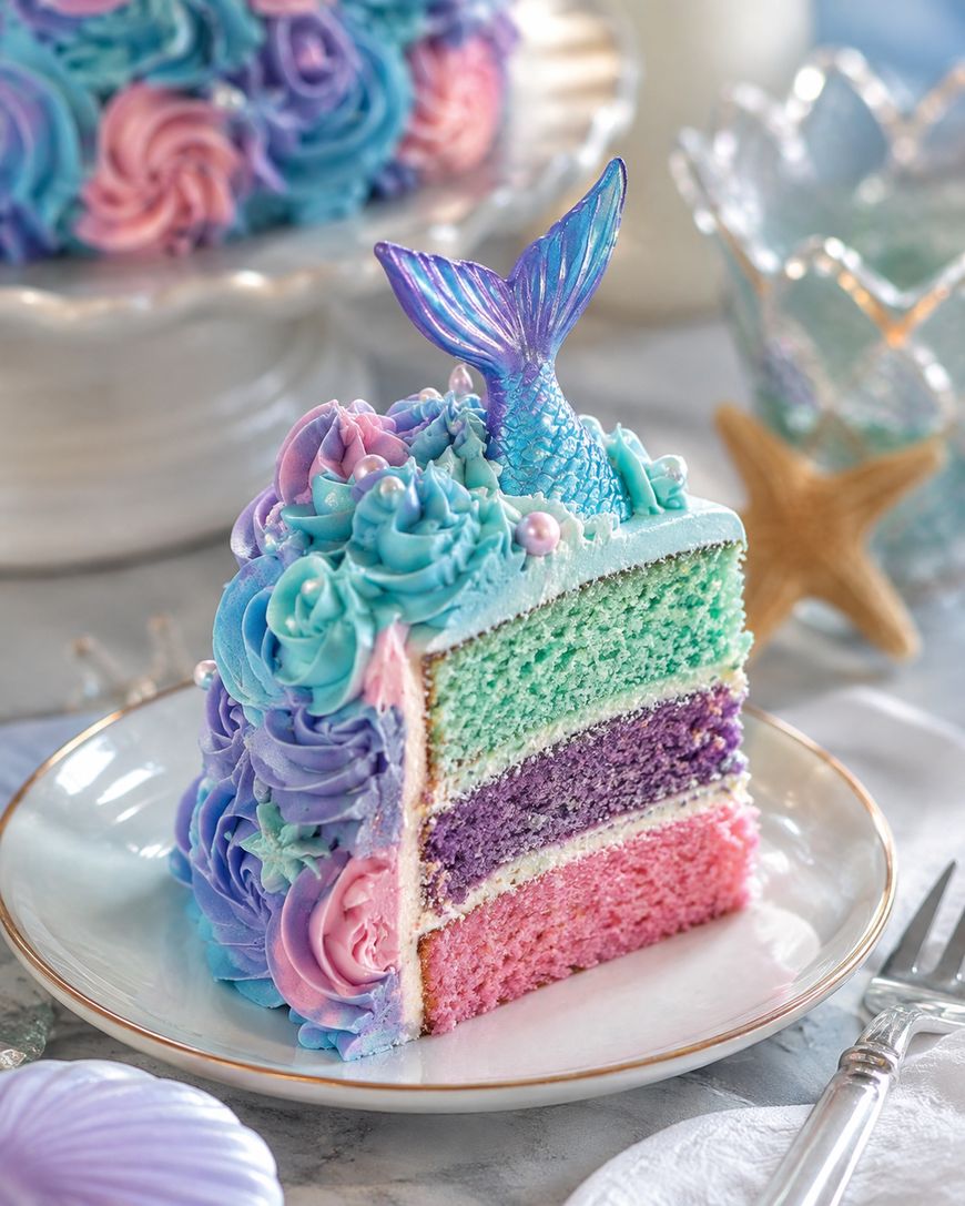 A slice of pastel layer cake with blue, purple, and pink layers, topped with mermaid-themed frosting and a decorative mermaid tail. The cake sits on a white plate beside shells and a starfish.