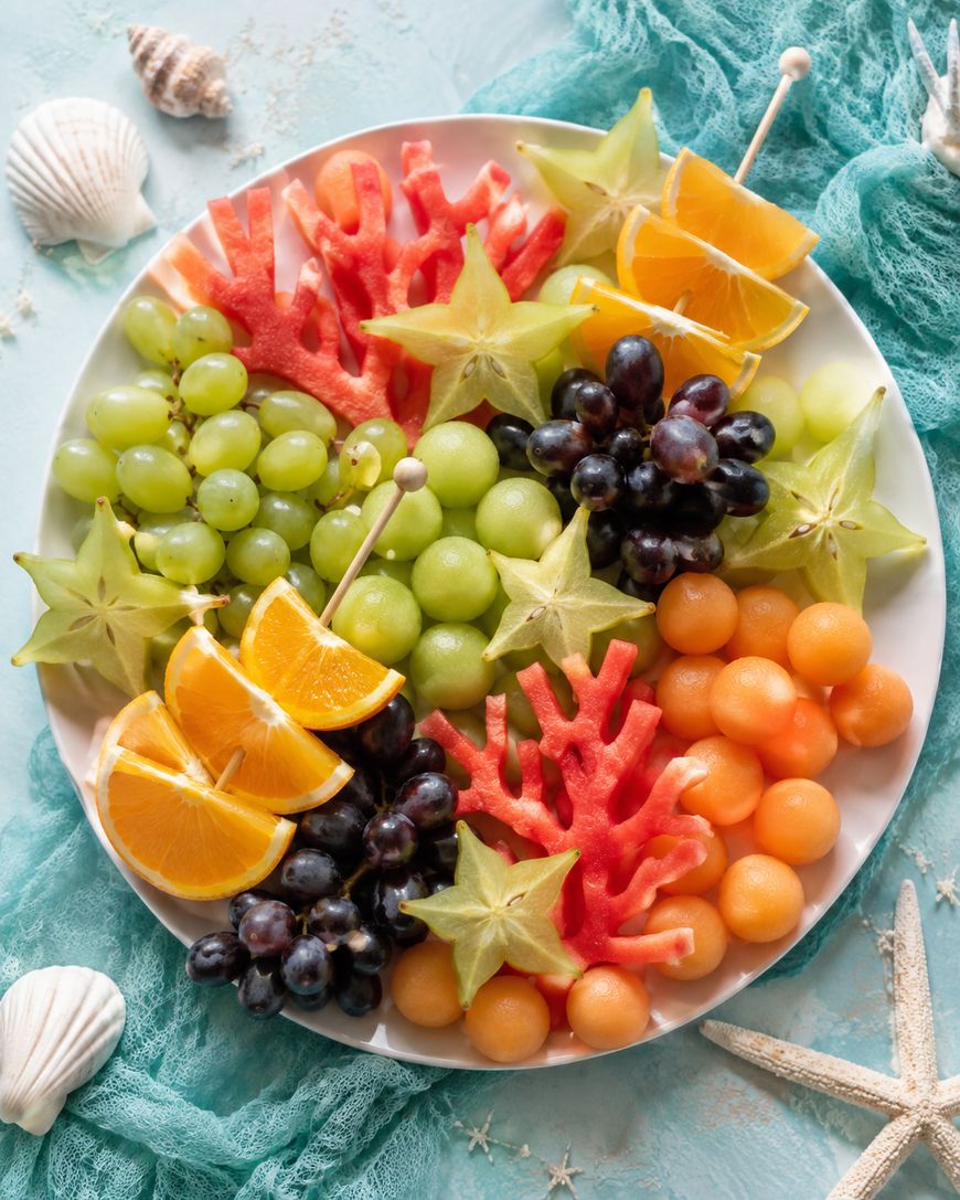 A plate of assorted fresh fruits including orange slices, green and black grapes, starfruit, watermelon, and cantaloupe balls, garnished with seashells and starfish on a teal cloth background.