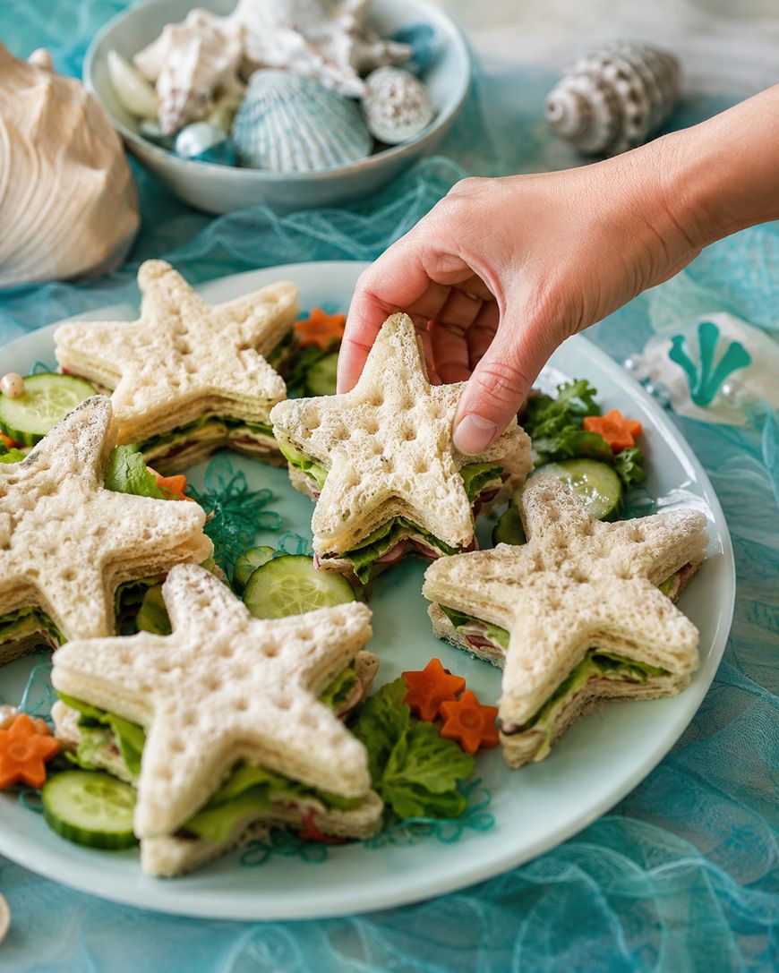 A hand picks up a star-shaped sandwich from a plate of similar sandwiches, surrounded by sliced cucumbers and vegetables, with seashells and netting in the background.