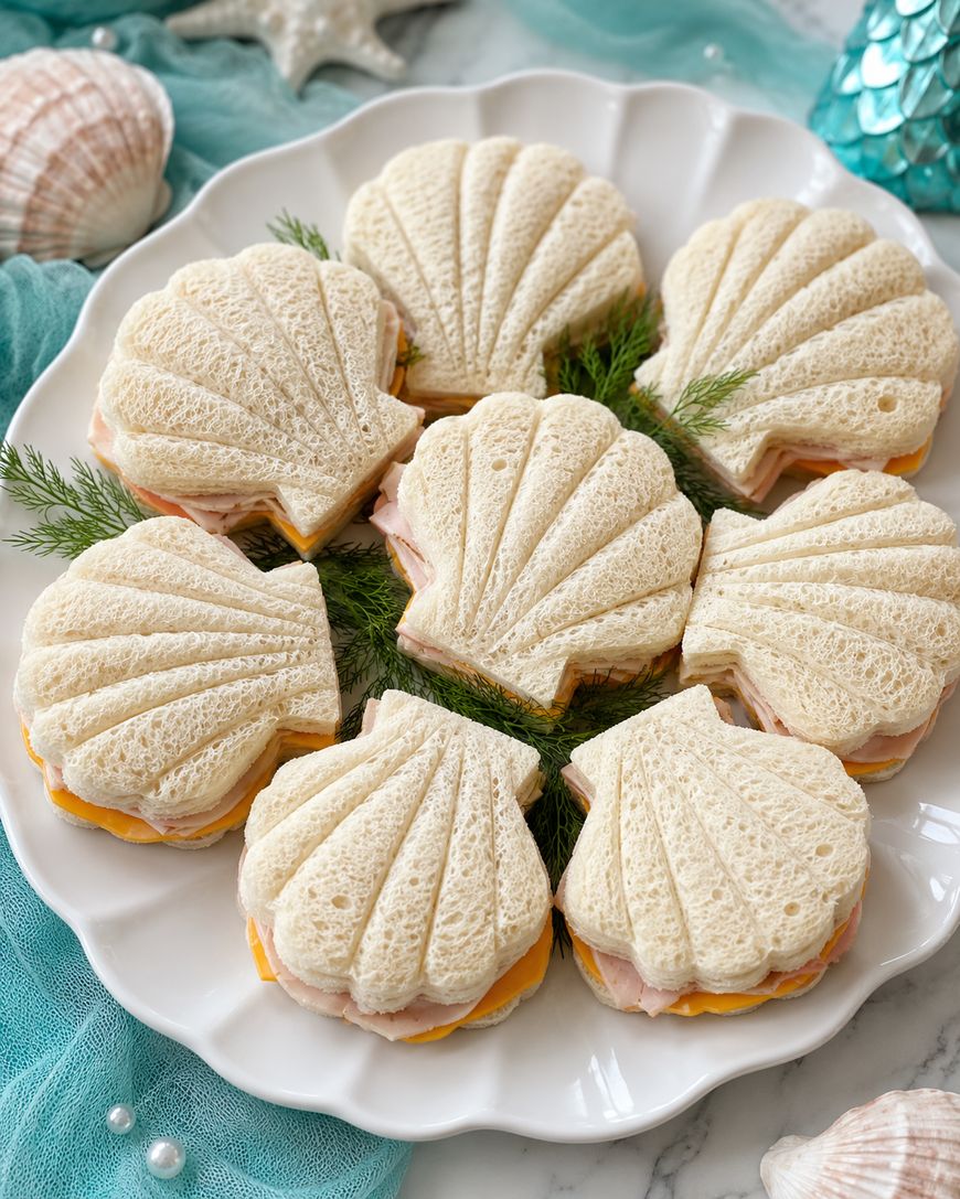 Shell-shaped sandwiches with meat and cheese are arranged in a circle on a white platter, garnished with fresh dill. The plate is set on a turquoise cloth with seashell decorations nearby.
