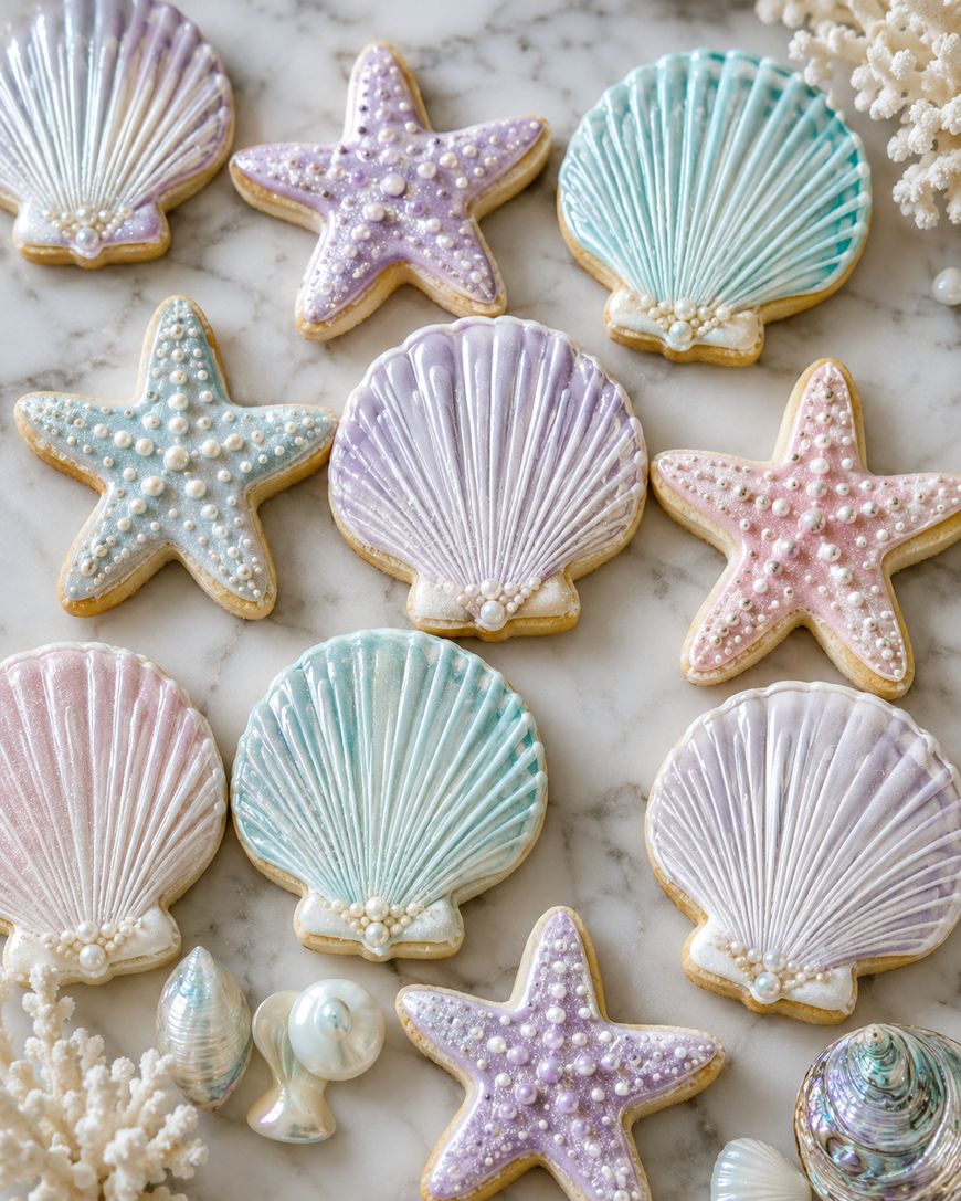 Pastel iced sugar cookies shaped like shells and starfish, decorated with edible pearls, arranged on a marble surface with coral and shell decorations.