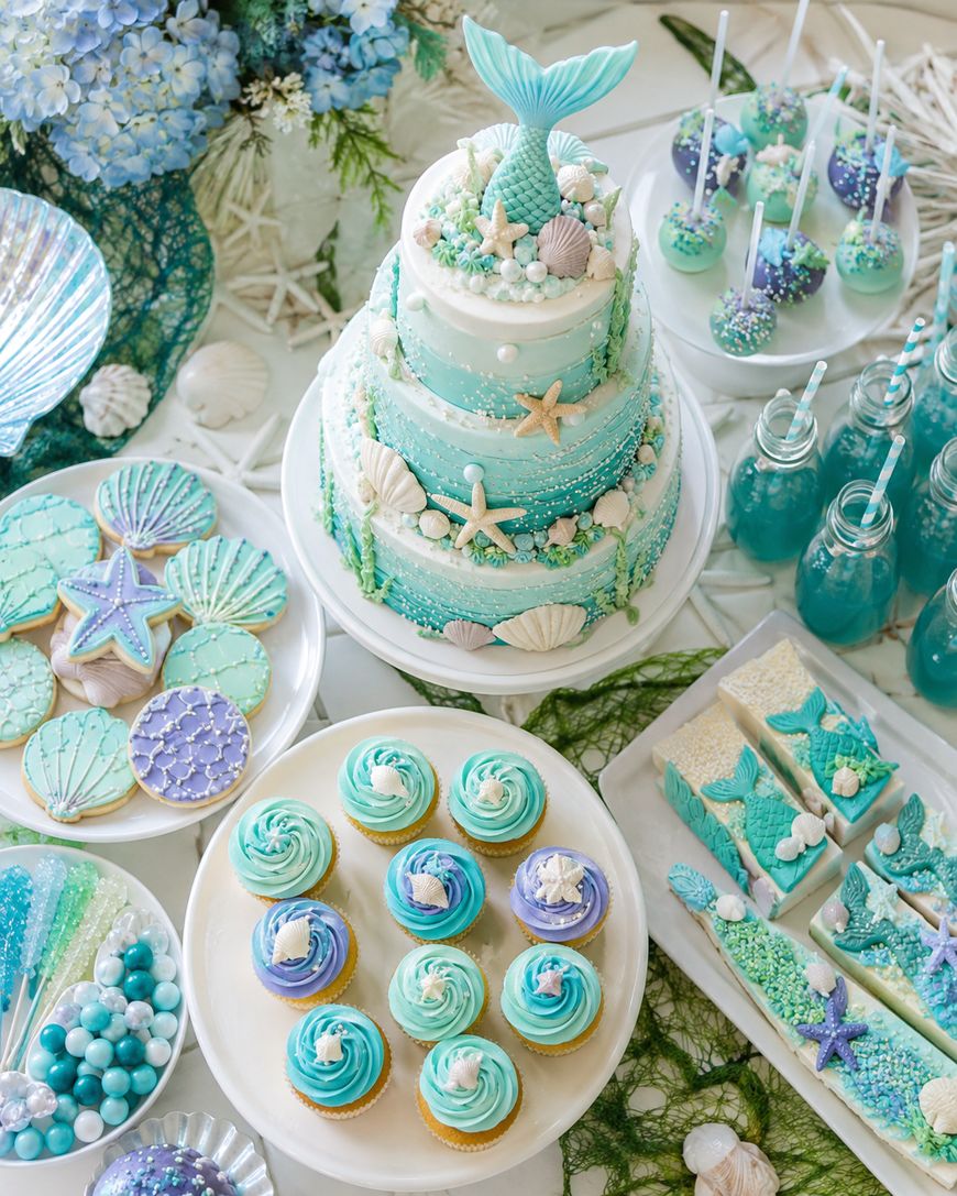 A mermaid-themed dessert table with a decorated cake, cupcakes, cookies, cake pops, drinks, candies, and bars in blue, teal, and purple tones with seashell and mermaid tail decorations.