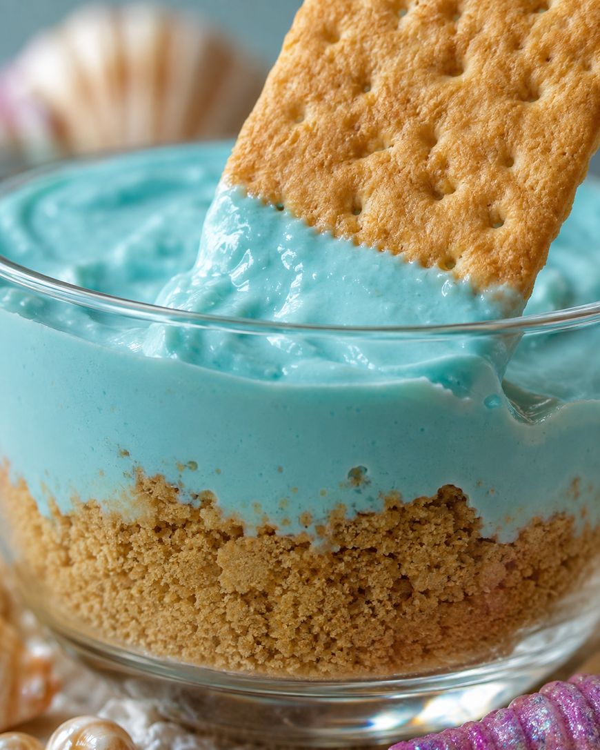 A rectangular graham cracker is dipped into a clear bowl filled with blue creamy dip and crushed graham cracker crumbs at the bottom.