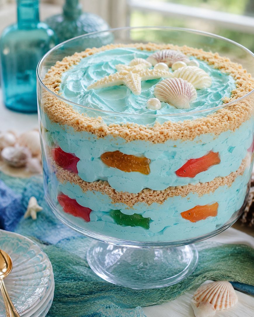 A layered blue trifle dessert with graham cracker crumb layers and gummy fish candies, topped with blue whipped cream, a sugar starfish, and seashells, served in a glass footed dish.
